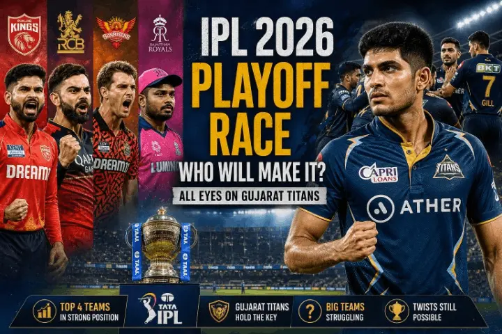 IPL 2026 playoff race illustration featuring Punjab Kings and RCB players celebrating, while MI and CSK players appear defeated, with a Gujarat Titans "Gatekeeper" figure in the center.