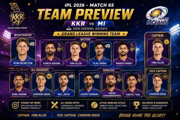 IPL 2026 KKR vs MI fantasy cricket team preview image featuring Grand League winning XI with Ryan Rickelton, Finn Allen, Sunil Narine, Cameron Green, Jasprit Bumrah, and Varun Chakaravarthy