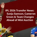 IPL 2026 transfer update poster featuring Sanju Samson, Sam Curran, Deepak Chahar, and Virat Kohli with the headline “IPL 2026 Transfer News Sanju Samson, Cameron Green & Team Changes Ahead of Mini Auction.