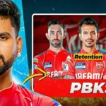 IPL player promotional image showing Punjab Kings (PBKS) retention announcement with player in red Dream11 jersey against blue background on left, and three retained players in PBKS red jerseys on right