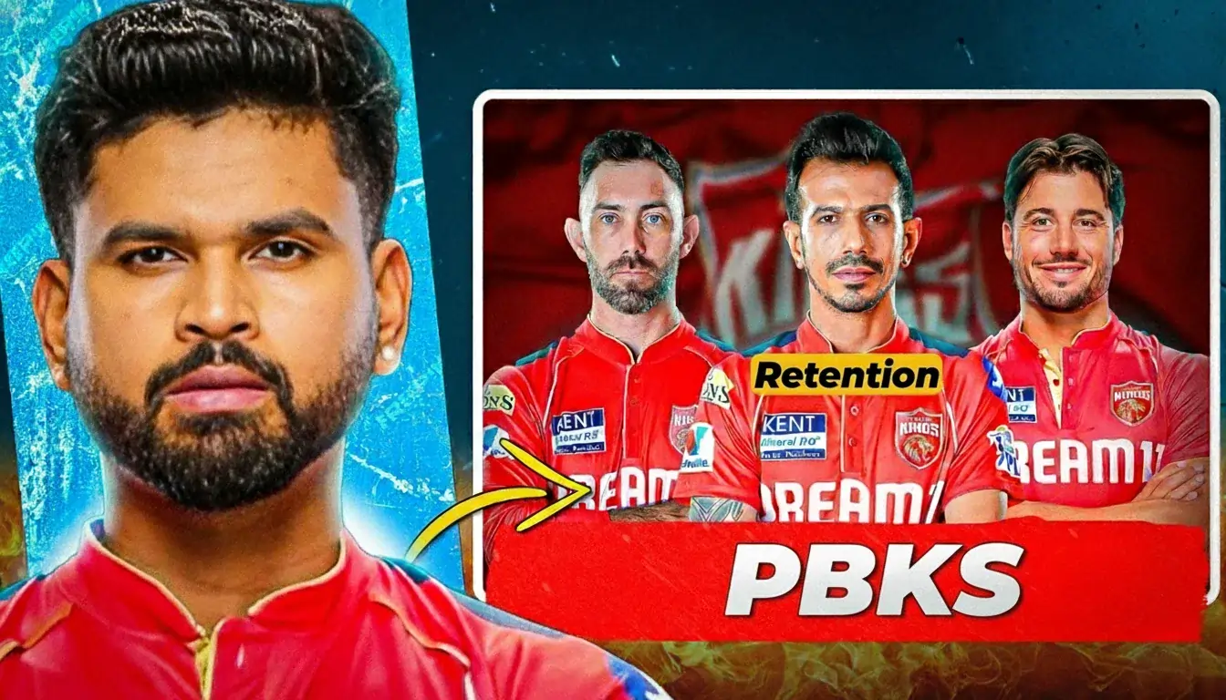 IPL player promotional image showing Punjab Kings (PBKS) retention announcement with player in red Dream11 jersey against blue background on left, and three retained players in PBKS red jerseys on right