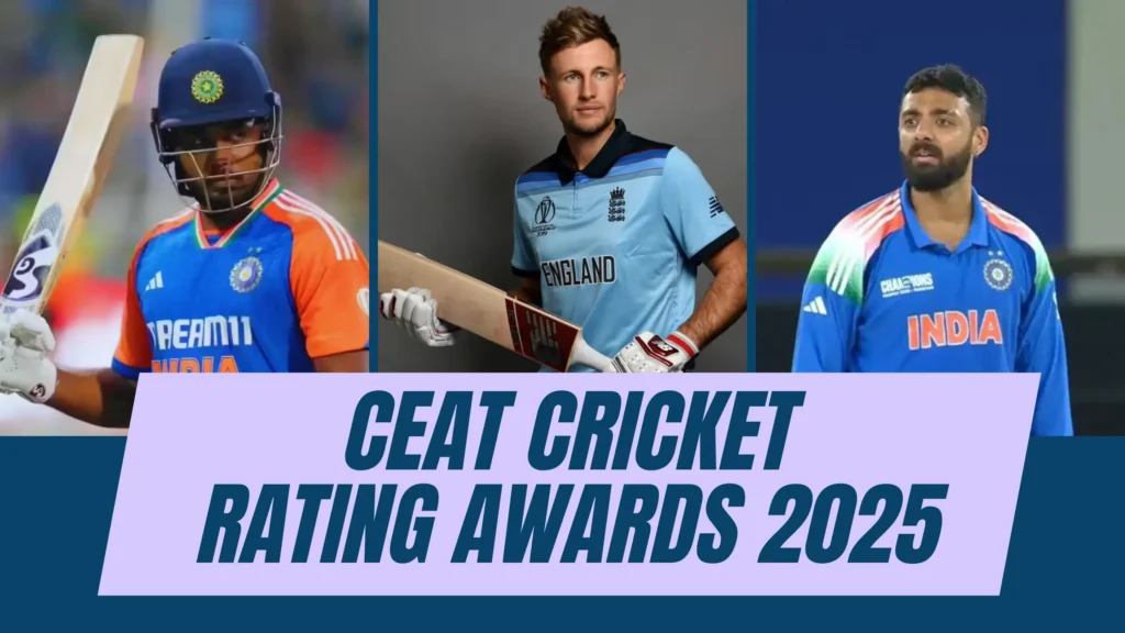 Sanju Samson, Joe Root, and Smriti Mandhana honored at the CEAT Cricket Rating Awards 2025 ceremony in Mumbai with trophies and lights in the background.
