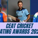 Sanju Samson, Joe Root, and Smriti Mandhana honored at the CEAT Cricket Rating Awards 2025 ceremony in Mumbai with trophies and lights in the background.