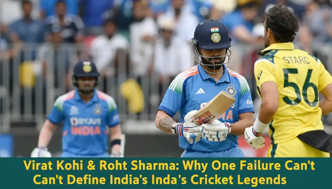 Virat Kohli and Rohit Sharma walk off the field after early dismissals against Australia during an ODI match, as Mitchell Starc looks on.