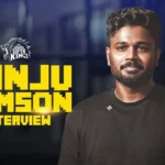 Sanju Samson posing for a promotional Chennai Super Kings interview graphic, with bold yellow text reading ‘Sanju Samson Interview’ beside him.