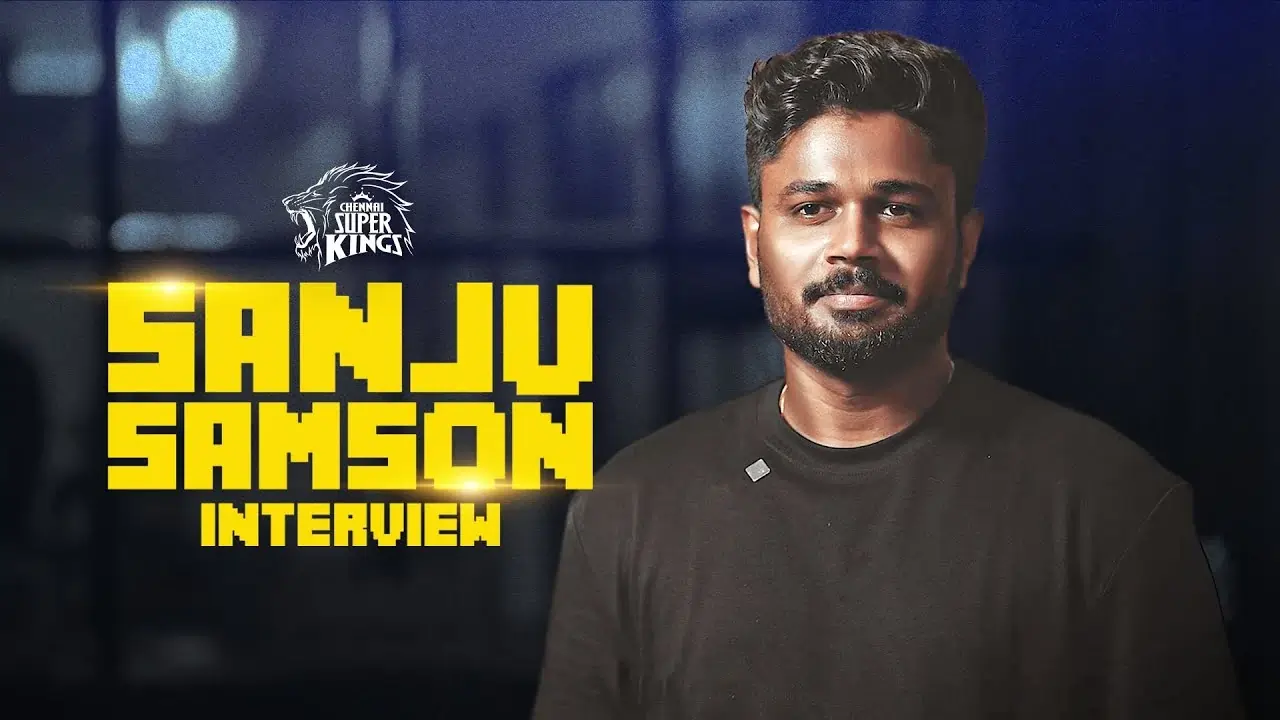 Sanju Samson posing for a promotional Chennai Super Kings interview graphic, with bold yellow text reading ‘Sanju Samson Interview’ beside him.