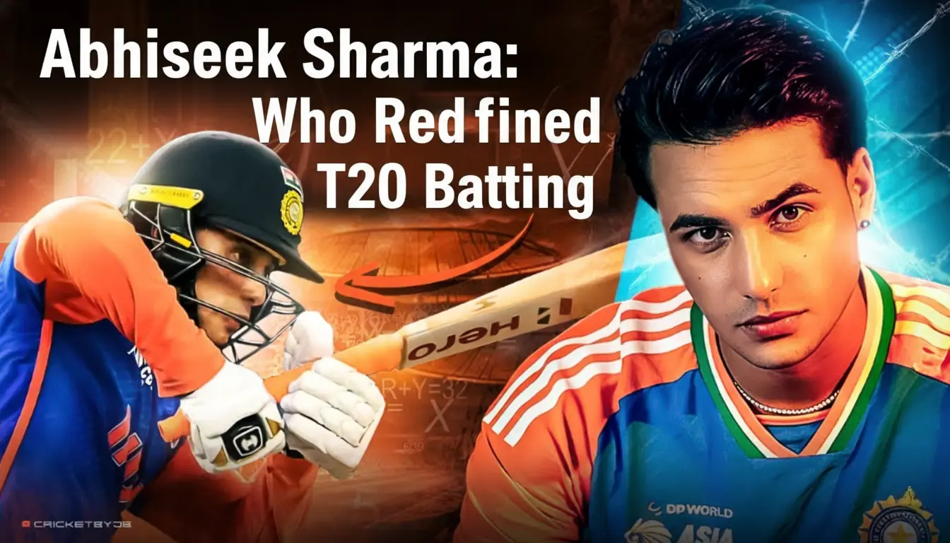 Abhishek Sharma in Indian cricket jersey with an action shot of him batting, showcasing his aggressive T20 playing style.