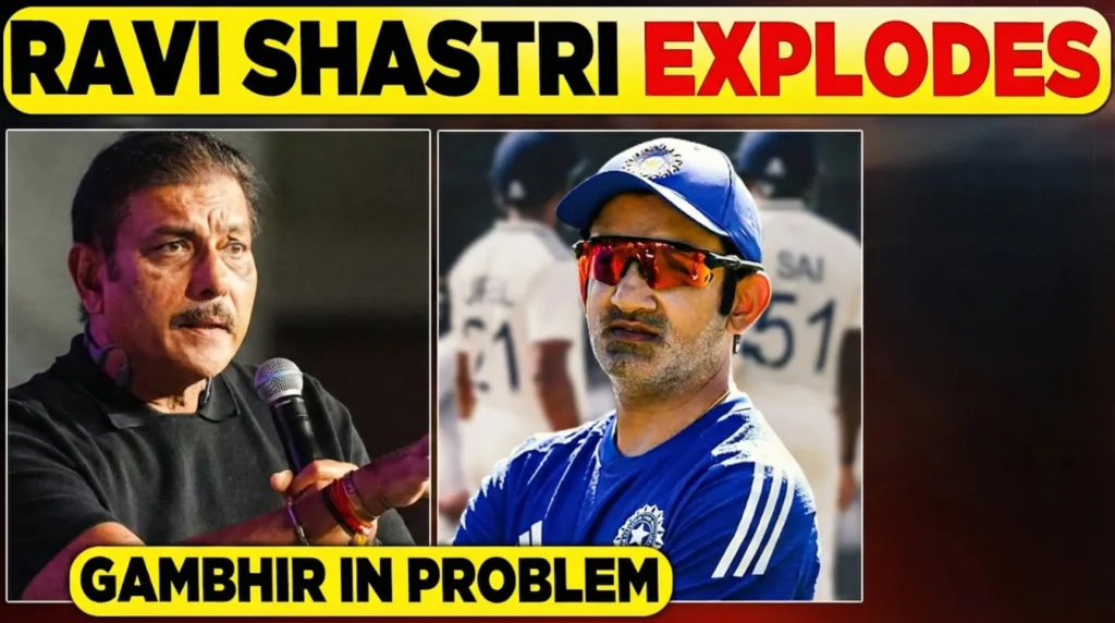 Ravi Shastri speaking into a microphone on the left and Gautam Gambhir in coaching attire on the right, with bold headline graphics above them.