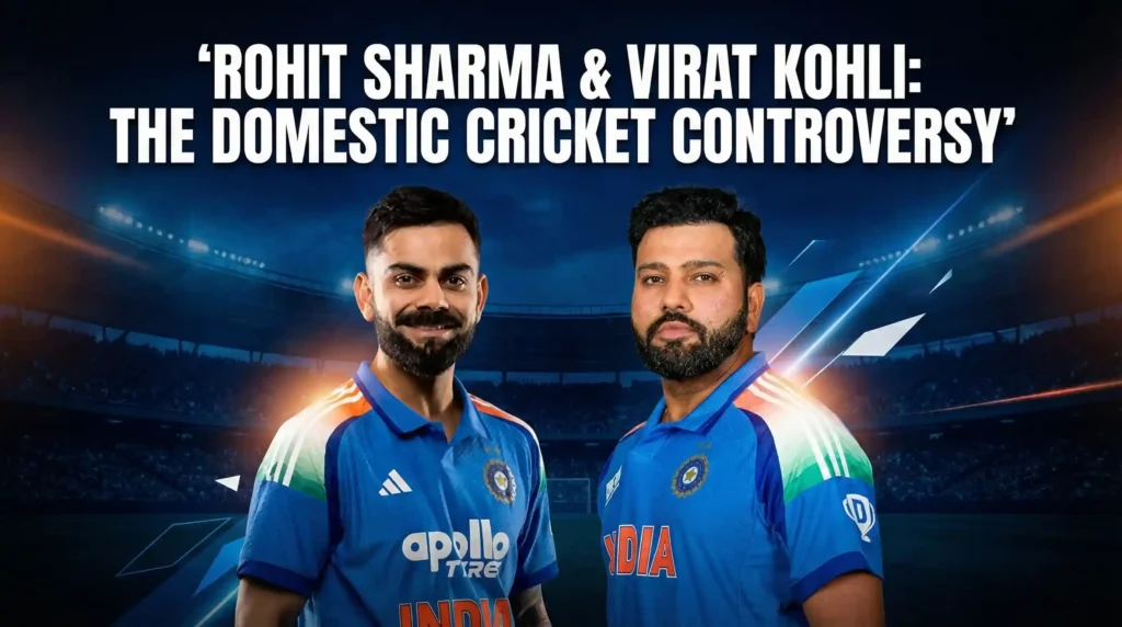 Virat Kohli and Rohit Sharma standing together in India’s ODI jersey with a stadium backdrop, featured image for the article on the domestic cricket controversy between BCCI and selectors.