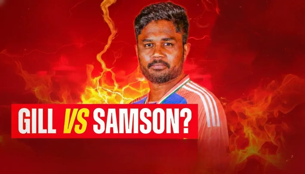 Graphic showing Sanju Samson with dramatic red background and lightning effects, highlighting the debate between Shubman Gill and Sanju Samson in India’s T20 team selection.