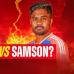 Graphic showing Sanju Samson with dramatic red background and lightning effects, highlighting the debate between Shubman Gill and Sanju Samson in India’s T20 team selection.