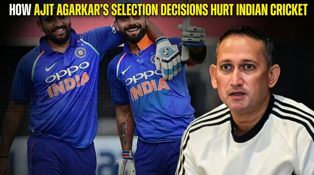 Indian cricket players celebrating during a match, alongside an image of a cricket official, representing controversy around team selection decisions