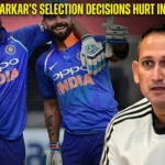 Indian cricket players celebrating during a match, alongside an image of a cricket official, representing controversy around team selection decisions
