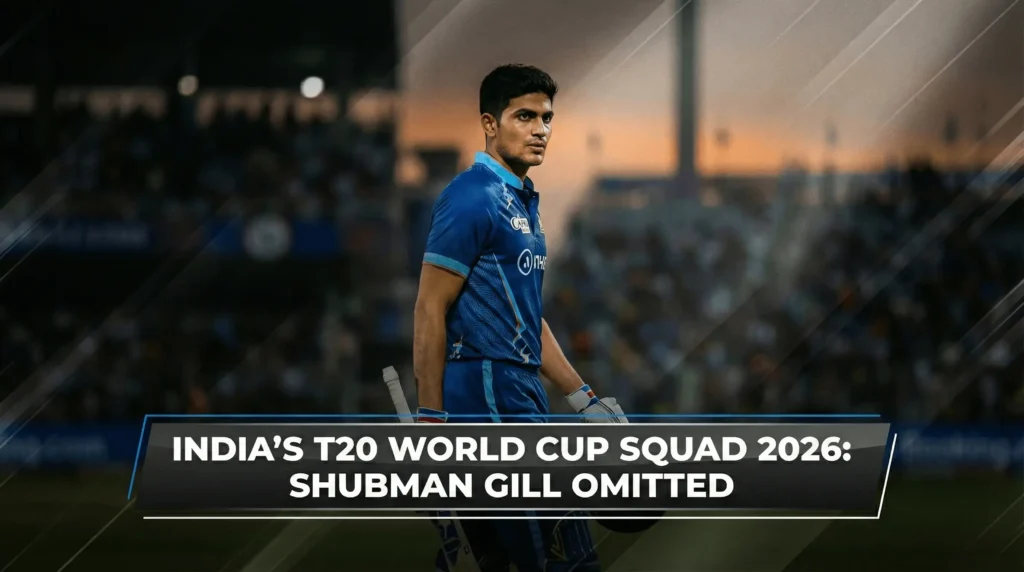 A focused Shubman Gill walking off the field during a cricket match, used as the featured image for a news article about his omission from India’s T20 World Cup 2026 squad.