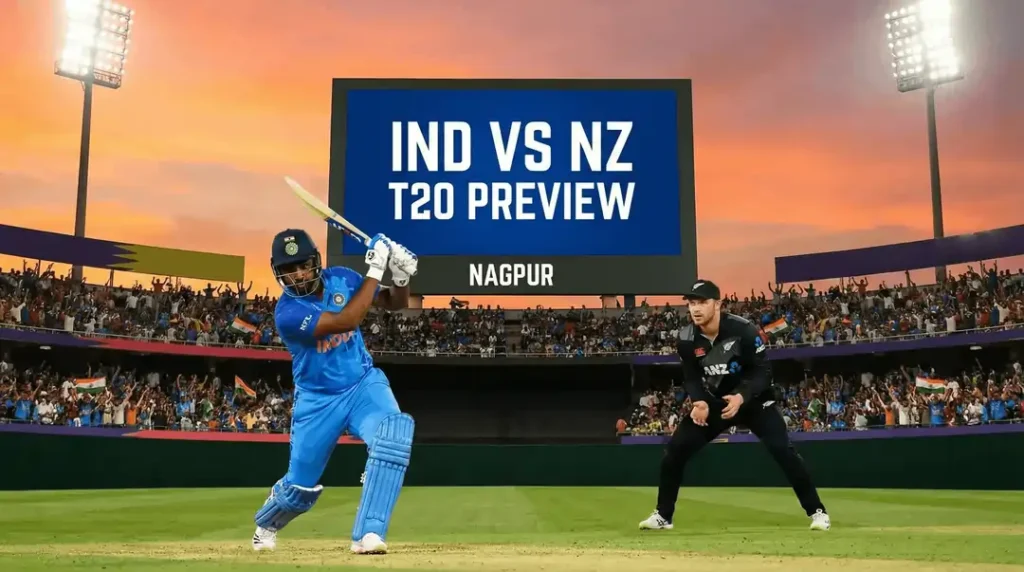 Indian cricketer Sanju Samson batting during the IND vs NZ T20 match preview at Vidarbha Cricket Association Stadium, Nagpur, with the scoreboard displaying match details.