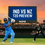 Indian cricketer Sanju Samson batting during the IND vs NZ T20 match preview at Vidarbha Cricket Association Stadium, Nagpur, with the scoreboard displaying match details.