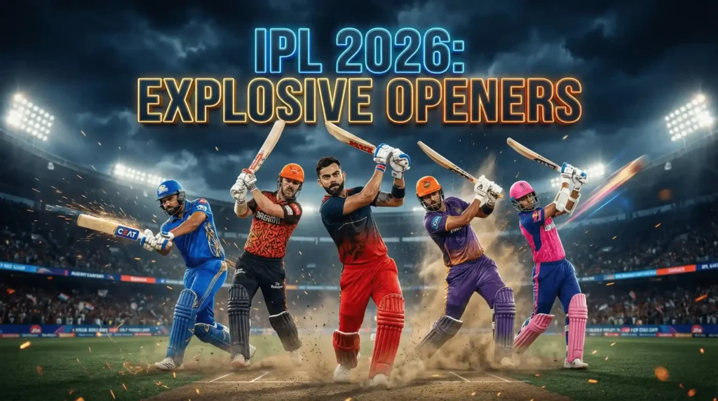 Cinematic IPL 2026 featured image showing Virat Kohli, Rohit Sharma, Travis Head, Abhishek Sharma, and Yashasvi Jaiswal in explosive batting action under stadium lights