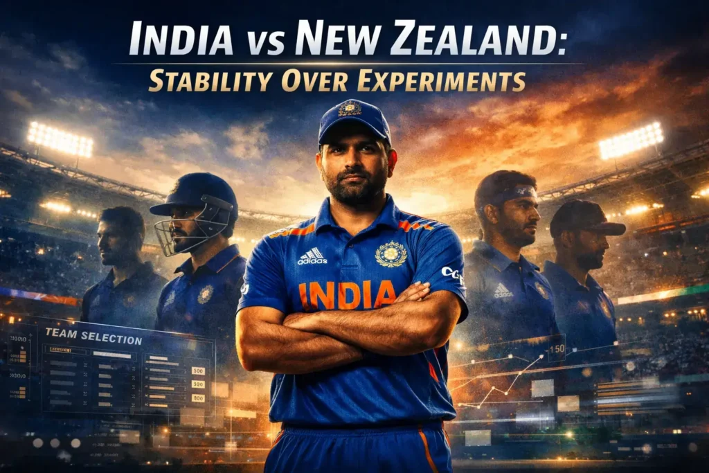 Cinematic featured image of India’s ODI squad selection against New Zealand, showing a confident Indian cricket captain in blue jersey with teammates in silhouette, symbolizing stability over experimentation in team selection.