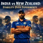 Cinematic featured image of India’s ODI squad selection against New Zealand, showing a confident Indian cricket captain in blue jersey with teammates in silhouette, symbolizing stability over experimentation in team selection.