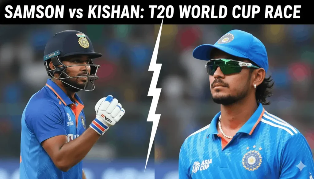Promotional graphic showing two Indian cricket players facing off with the headline ‘SAMSON vs KISHAN: T20 WORLD CUP RACE’ displayed at the top, separated by a diagonal white lightning strike.