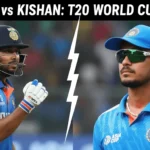 Promotional graphic showing two Indian cricket players facing off with the headline ‘SAMSON vs KISHAN: T20 WORLD CUP RACE’ displayed at the top, separated by a diagonal white lightning strike.