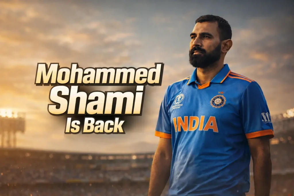 Mohammed Shami in India’s blue ODI jersey during golden hour, standing confidently on a cricket ground with the title “Mohammed Shami Is Back” displayed in bold text.