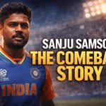 Sanju Samson in India cricket jersey with bold title ‘The Comeback Story’ against a dramatic stadium background.