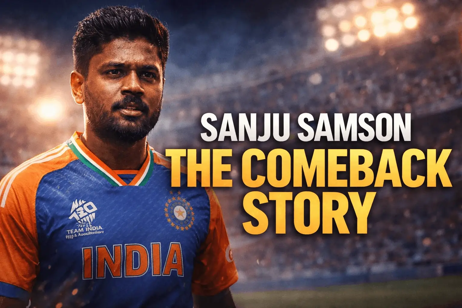 Sanju Samson in India cricket jersey with bold title ‘The Comeback Story’ against a dramatic stadium background.