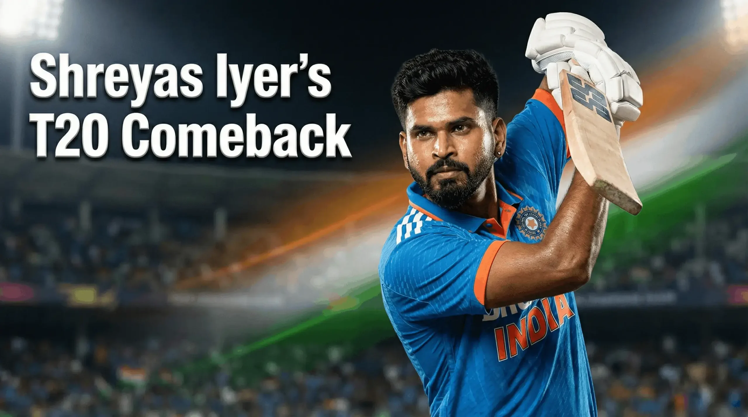 Shreyas Iyer in India T20 jersey during his comeback to the Indian T20 team, showcasing confidence and determination ahead of the T20 World Cup