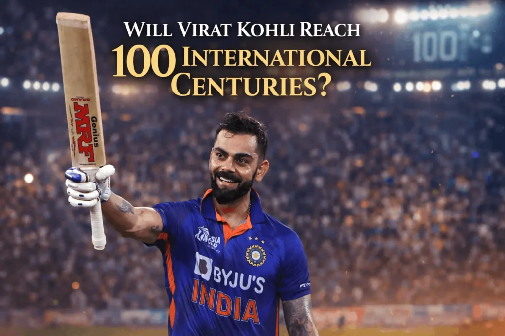 Virat Kohli celebrating a century, raising his bat during an international match in the chase for 100 centuries