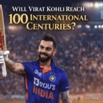Virat Kohli celebrating a century, raising his bat during an international match in the chase for 100 centuries