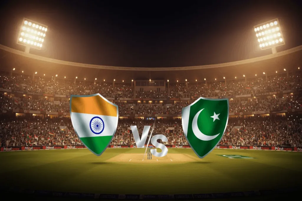 India vs Pakistan cricket match graphic showing national emblems on a stadium background under floodlights.