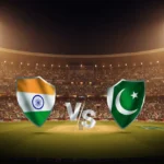India vs Pakistan cricket match graphic showing national emblems on a stadium background under floodlights.