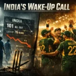 split-scene image showing disappointed Indian cricketers walking off under floodlights while South African players celebrate, with a cracked scoreboard and falling run-rate graph highlighting India’s 76-run defeat.