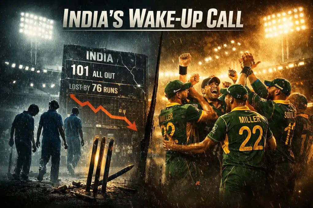 split-scene image showing disappointed Indian cricketers walking off under floodlights while South African players celebrate, with a cracked scoreboard and falling run-rate graph highlighting India’s 76-run defeat.