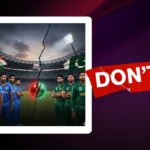 A cinematic split-screen graphic of an India vs. Pakistan cricket match. On the left, Indian cricketers in blue jerseys stand under the Indian flag. On the right, Pakistani cricketers in green jerseys stand under the Pakistan flag. A glowing cricket ball, split into red and green halves, sits in the center of a stadium with a dramatic crack separating the two sides.