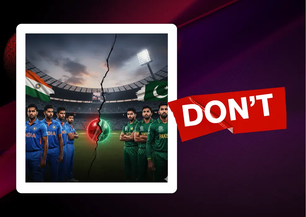 A cinematic split-screen graphic of an India vs. Pakistan cricket match. On the left, Indian cricketers in blue jerseys stand under the Indian flag. On the right, Pakistani cricketers in green jerseys stand under the Pakistan flag. A glowing cricket ball, split into red and green halves, sits in the center of a stadium with a dramatic crack separating the two sides.