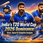 Digital artwork of India’s T20 World Cup 2026 team featuring symbolic representations of Abhishek Sharma, Jasprit Bumrah, and Varun Chakravarthy in a vibrant stadium with bold title text highlighting India’s dominance