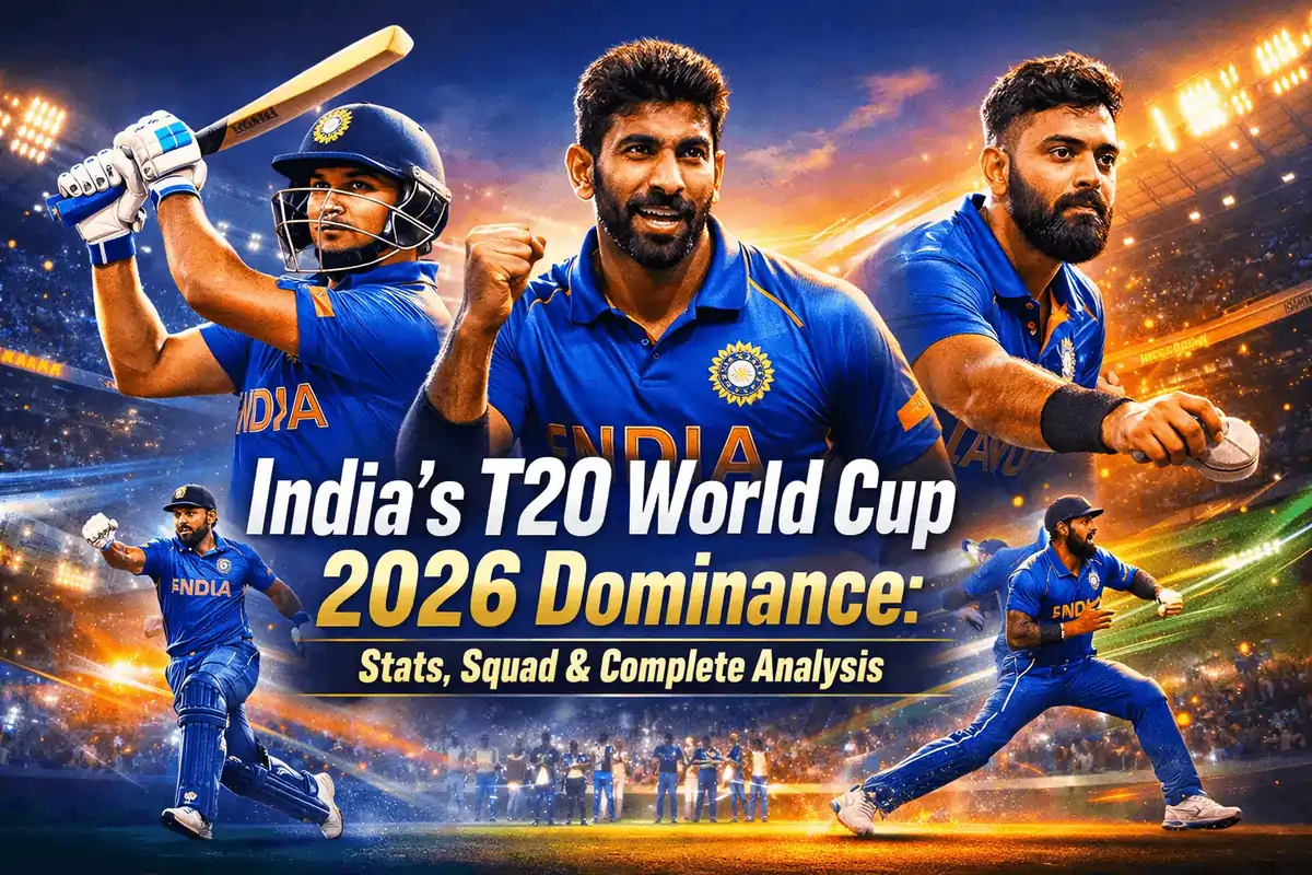 Digital artwork of India’s T20 World Cup 2026 team featuring symbolic representations of Abhishek Sharma, Jasprit Bumrah, and Varun Chakravarthy in a vibrant stadium with bold title text highlighting India’s dominance