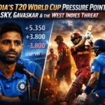Suryakumar Yadav at a tense T20 World Cup press conference alongside dramatic India vs West Indies match action, highlighting NRR pressure, West Indies power hitters, and the high-stakes semifinal scenario.
