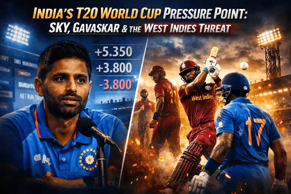 Suryakumar Yadav at a tense T20 World Cup press conference alongside dramatic India vs West Indies match action, highlighting NRR pressure, West Indies power hitters, and the high-stakes semifinal scenario.