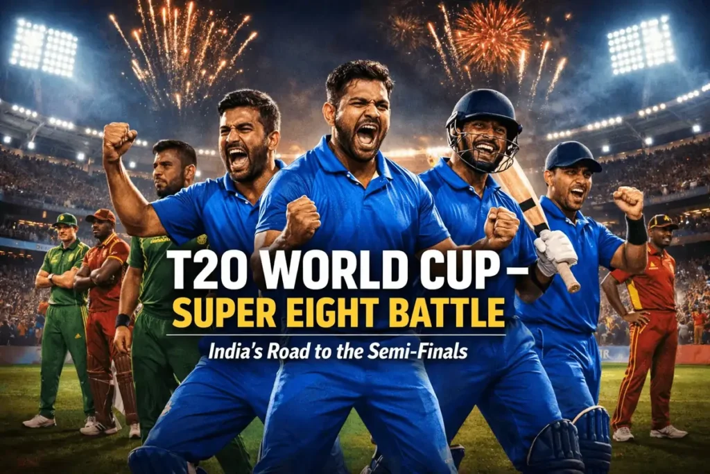 Indian cricket players celebrate during a T20 World Cup Super Eight night match with fireworks in a packed stadium, highlighting India’s road to the semi-finals.