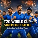 Indian cricket players celebrate during a T20 World Cup Super Eight night match with fireworks in a packed stadium, highlighting India’s road to the semi-finals.