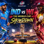 Cinematic IND vs WI T20 World Cup showdown poster featuring Indian and West Indies players in a dramatic split-screen design with stadium lights, Eden Gardens backdrop, and bold title “IND vs WI – T20 World Cup Showdown.
