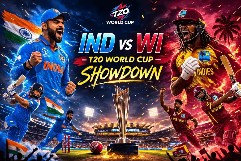 Cinematic IND vs WI T20 World Cup showdown poster featuring Indian and West Indies players in a dramatic split-screen design with stadium lights, Eden Gardens backdrop, and bold title “IND vs WI – T20 World Cup Showdown.