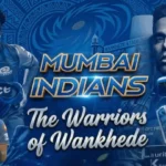 Mumbai Indians team featuring Hardik Pandya, Rohit Sharma, and Jasprit Bumrah with "The Warriors of Wankhede" title.