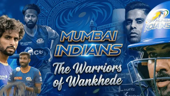 Mumbai Indians team featuring Hardik Pandya, Rohit Sharma, and Jasprit Bumrah with "The Warriors of Wankhede" title.