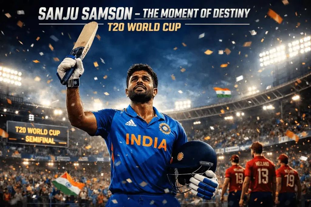 Sanju Samson celebrating with raised bat after a match-winning innings in the T20 World Cup semifinal as India faces England under bright stadium lights.