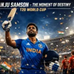 Sanju Samson celebrating with raised bat after a match-winning innings in the T20 World Cup semifinal as India faces England under bright stadium lights.