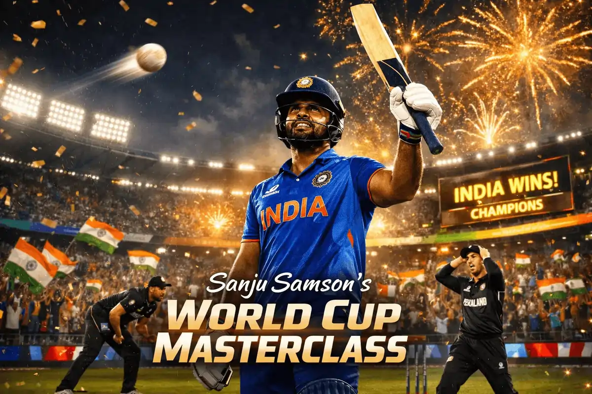 Sanju Samson celebrating after a powerful shot in the T20 World Cup final as India defeats New Zealand under stadium lights with fireworks and cheering fans.